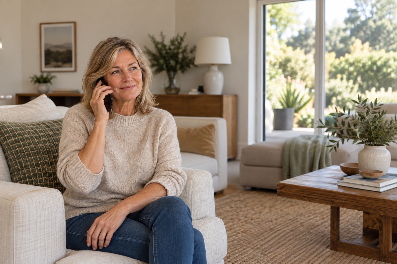 A woman in her 50s discussing a house and land consultation by phone